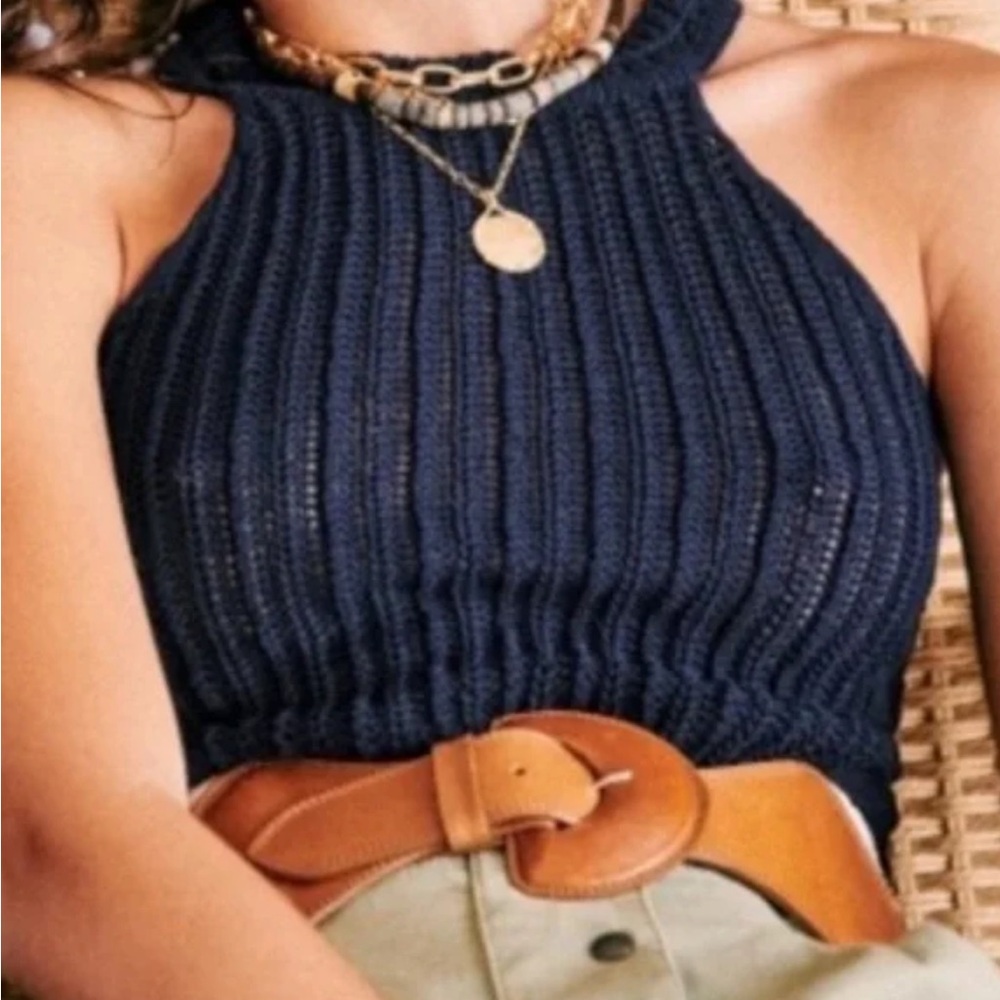 Sezane Jessica Knit Top Halter Cross Back Top Cotton Blend In Navy Size M NWOT - Picture 2 of 10